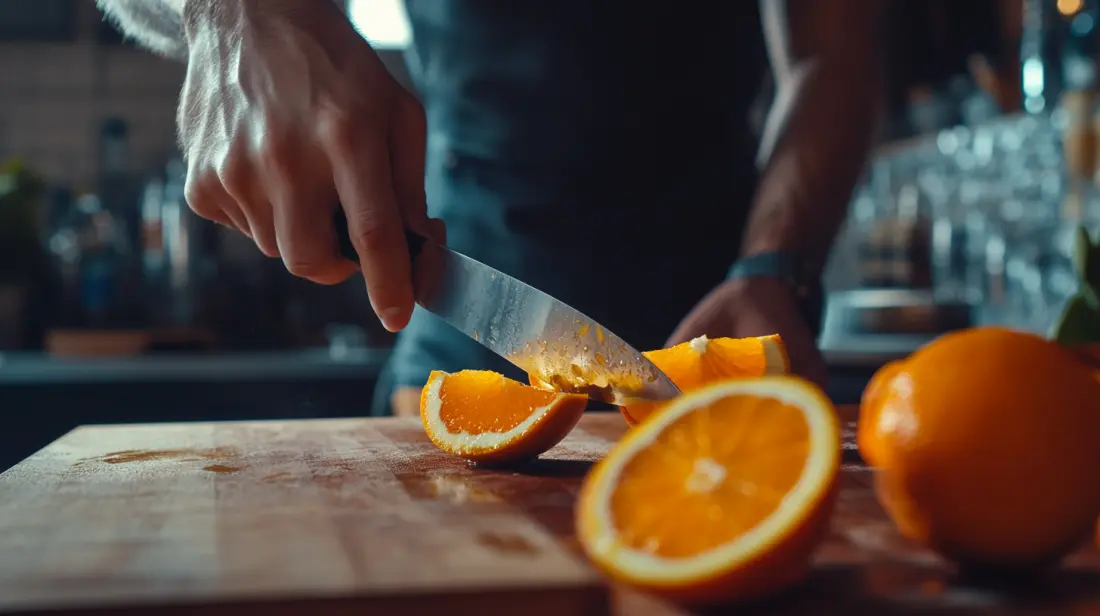 A mixologist preparing an orange slice